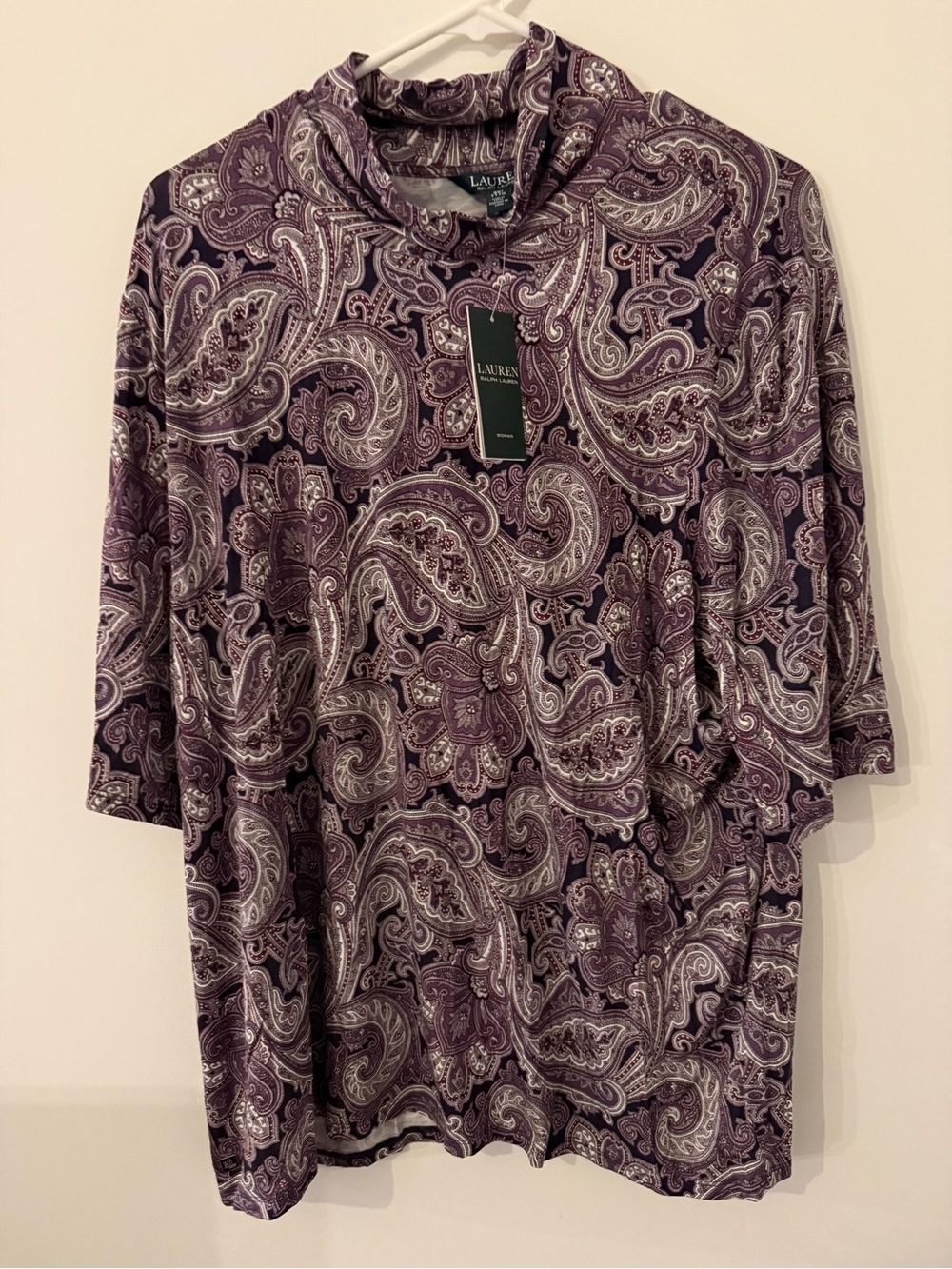 NWT Lauren Ralph Lauren Women’s Plus 3X Purple Paisley Mock Neck Short Sleeve